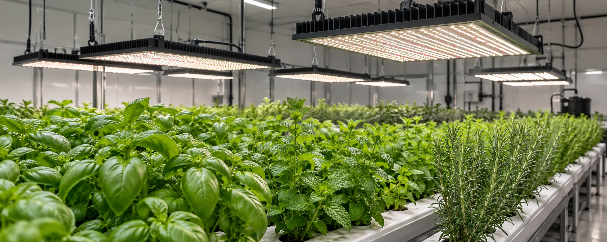 Commercial herb farm with overhead LED grow lighting