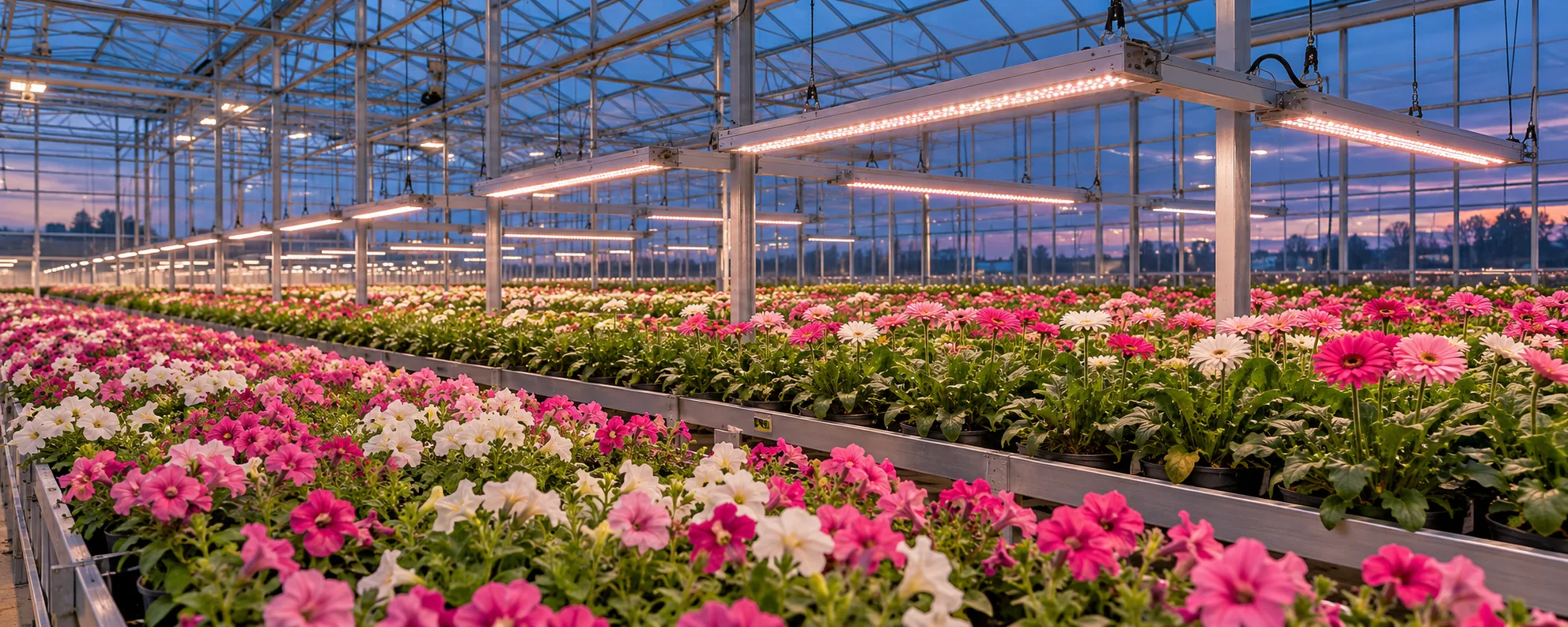 Flower production greenhouse lit by LED grow lights