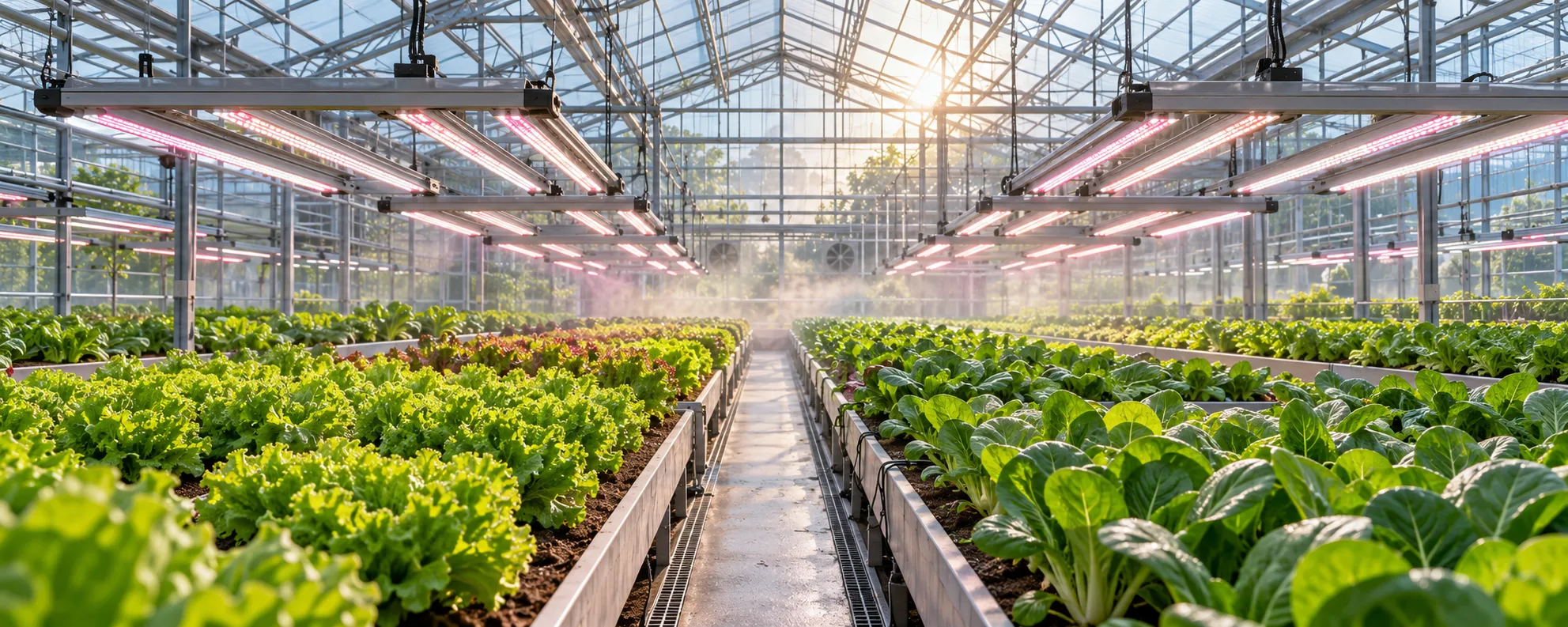 Leafy green vegetables growing under LED grow lights in a commercial greenhouse