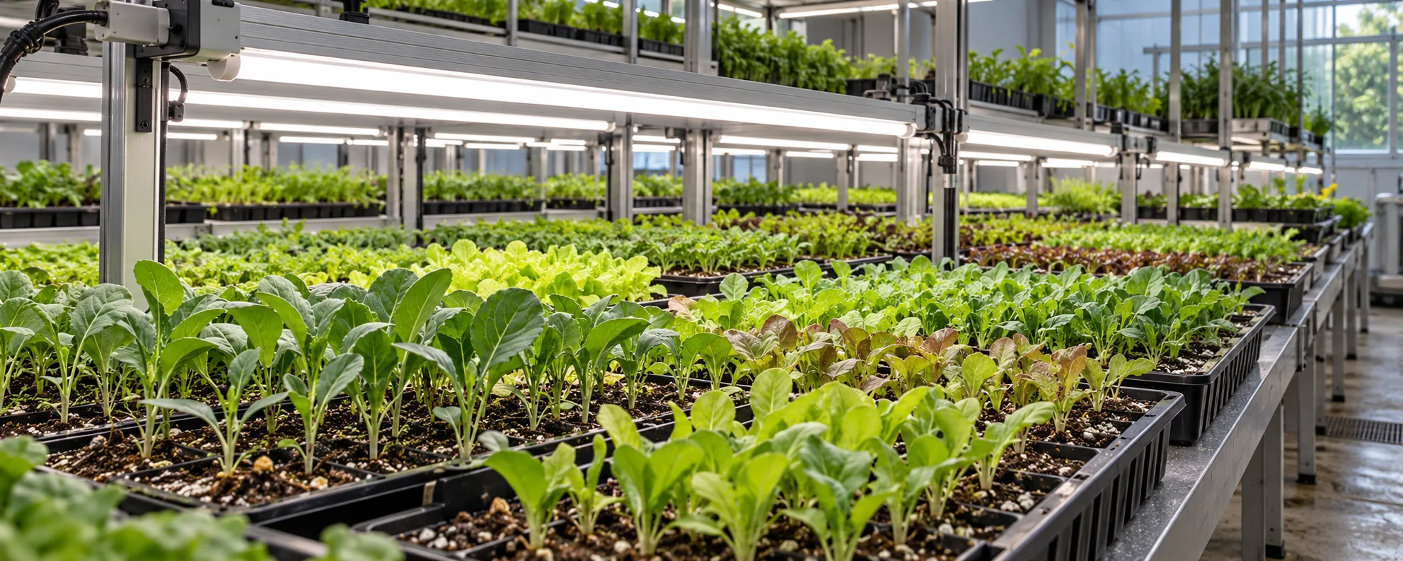 Seedling propagation room with LED growing shelves for young plants