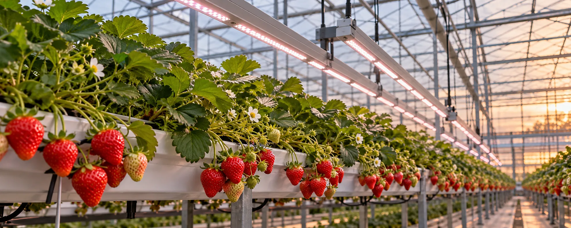 Strawberry plants in greenhouse gutters under LED grow lights