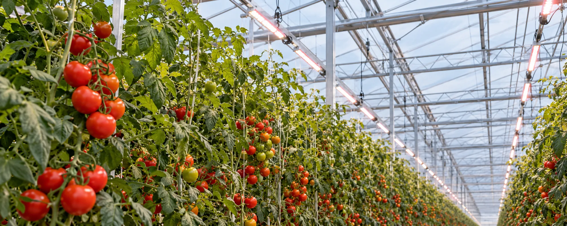 Tomato vines under supplemental LED top lighting in a greenhouse