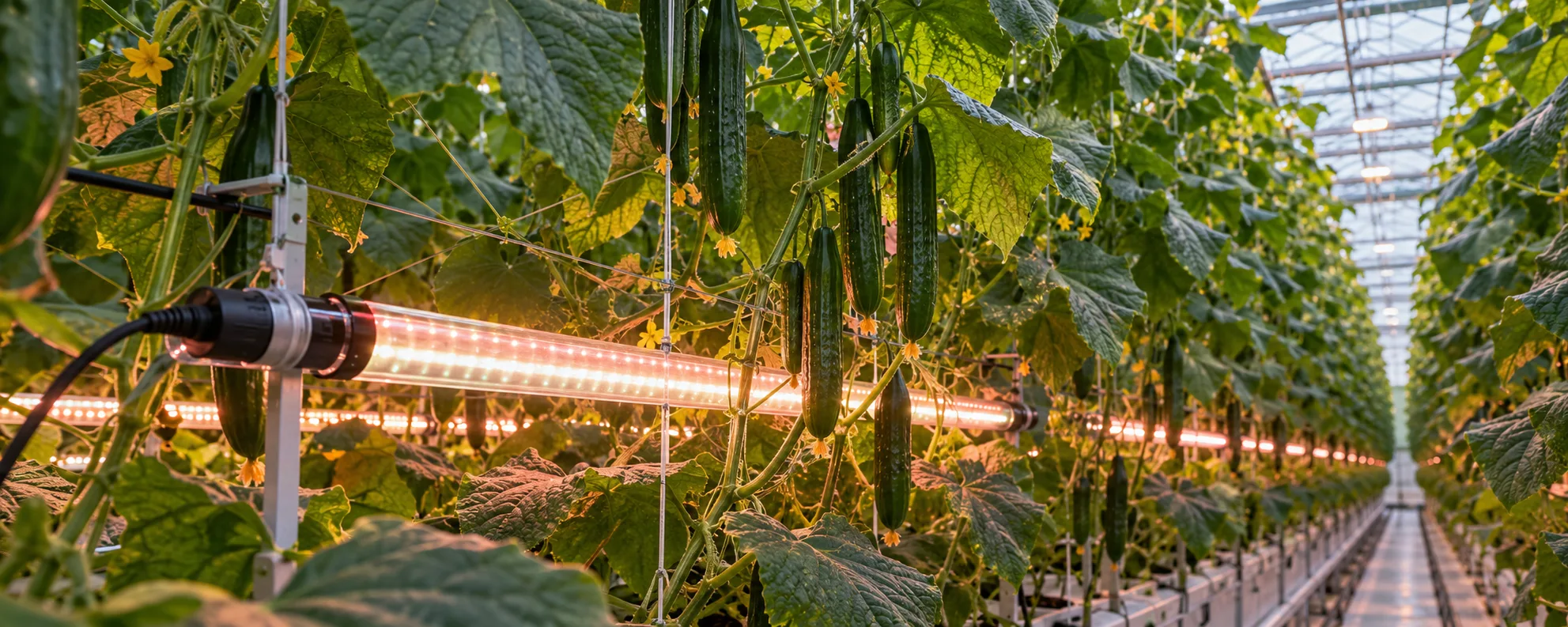 Under-canopy LED lighting installed between cucumber rows