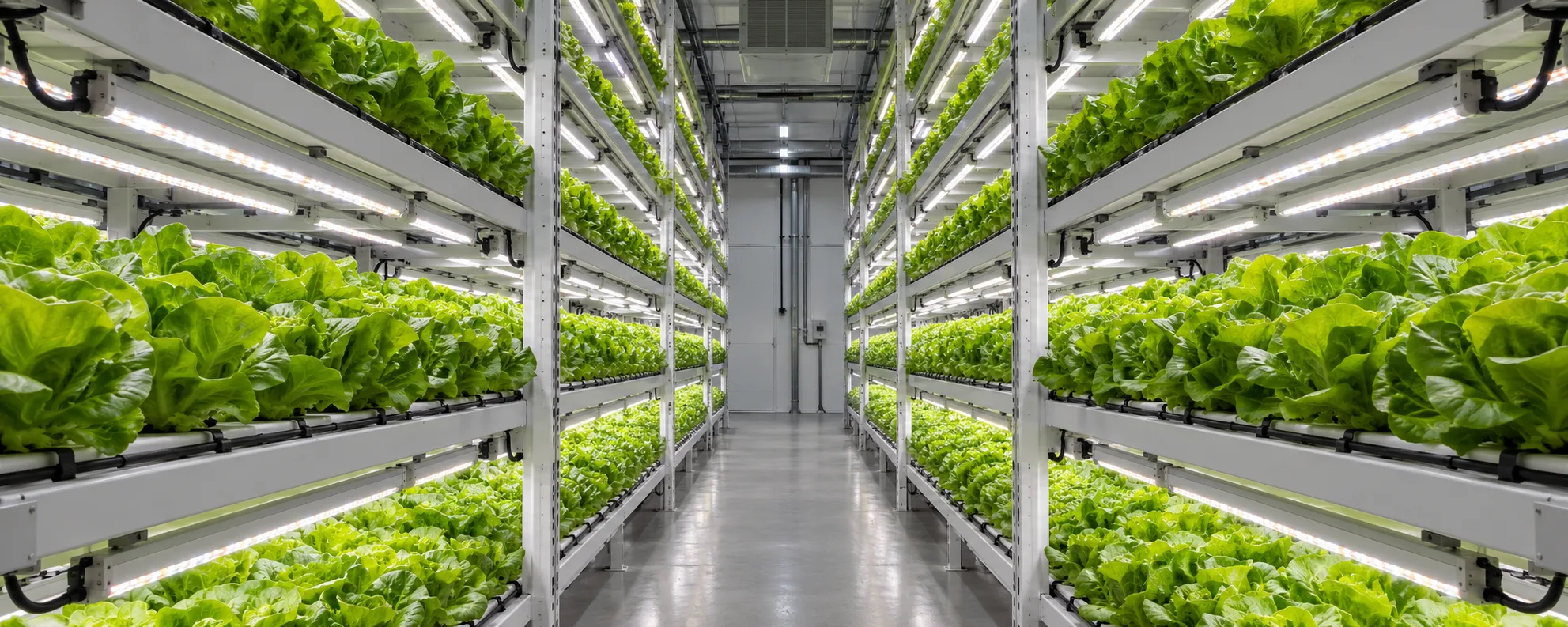 Vertical hydroponic farm with LED grow light layers above the plants