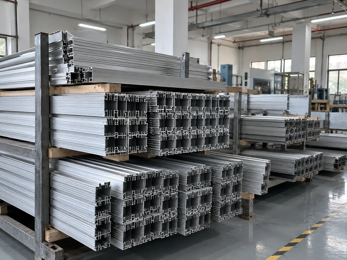 Aluminium heatsink profiles stored as raw material for LED grow light manufacturing