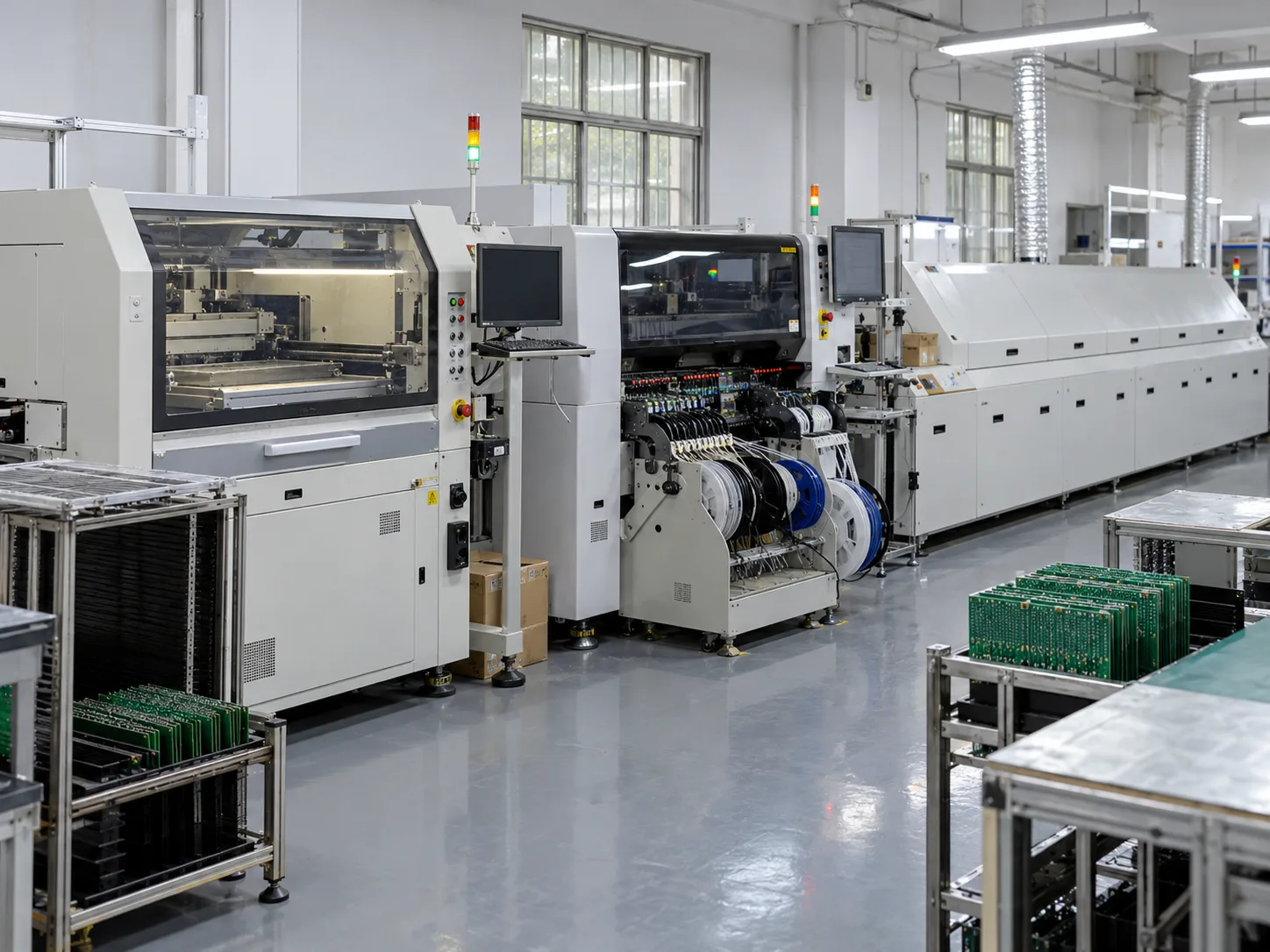 Compact SMT pick-and-place assembly line producing LED grow light boards