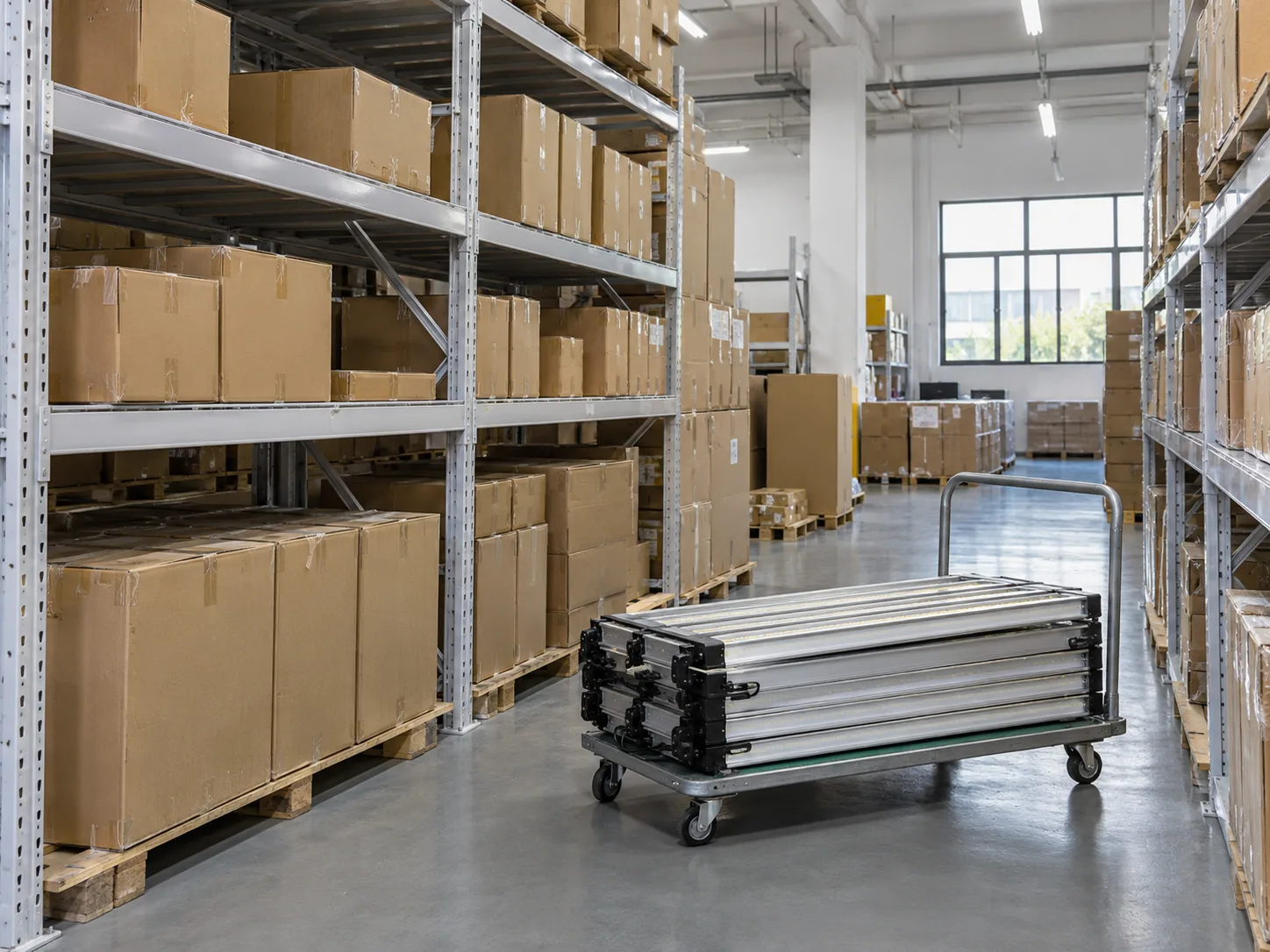 Finished LED grow lights stored in the warehouse of the manufacturing facility