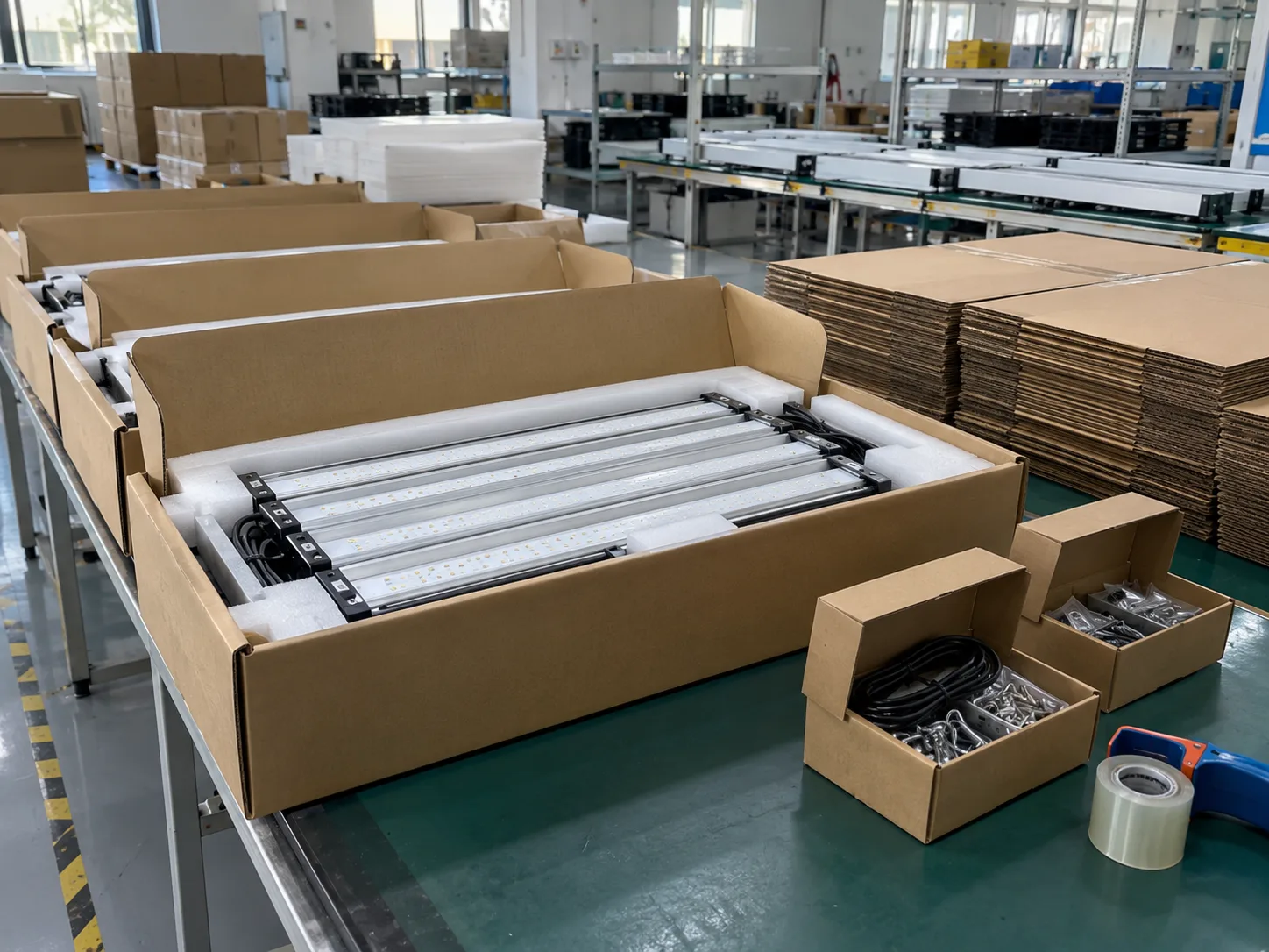 Grow lights being packed at the packaging station of the factory