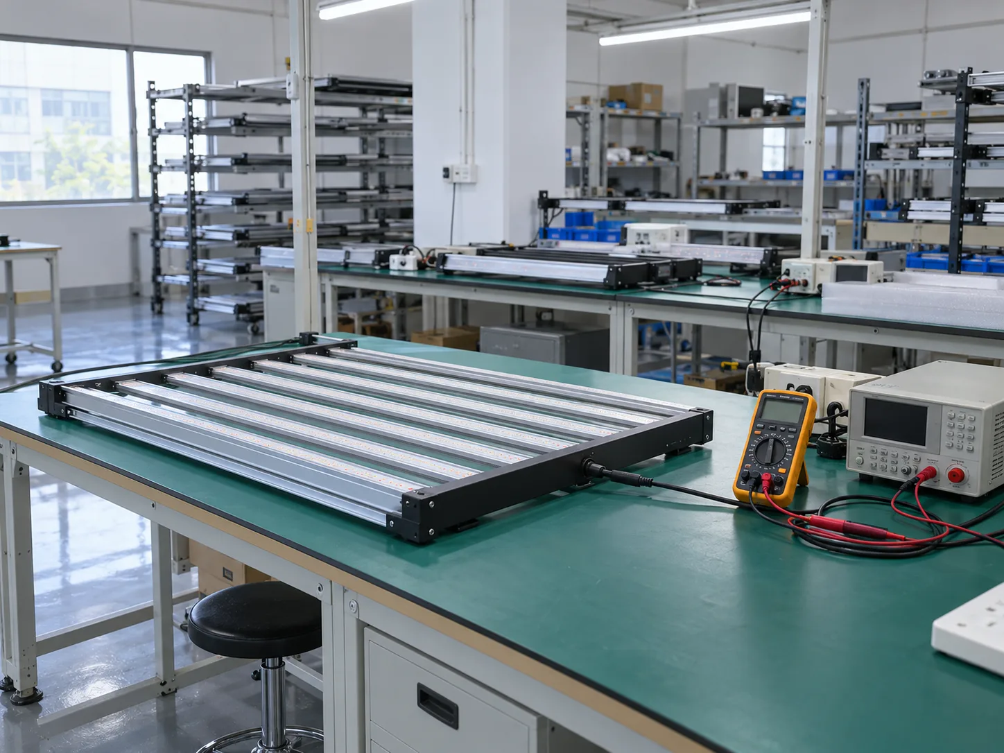Grow lights on a quality control and electrical testing bench