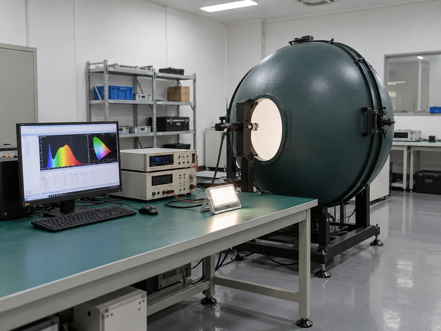 Integrating sphere photometric testing equipment in the optical lab