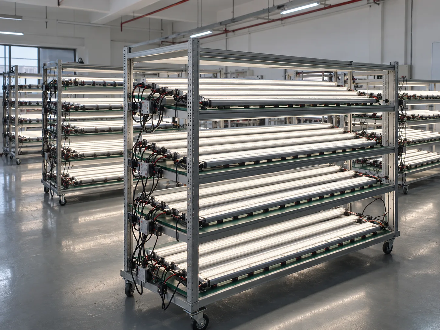 LED grow light bars undergoing aging and burn-in tests on factory racks