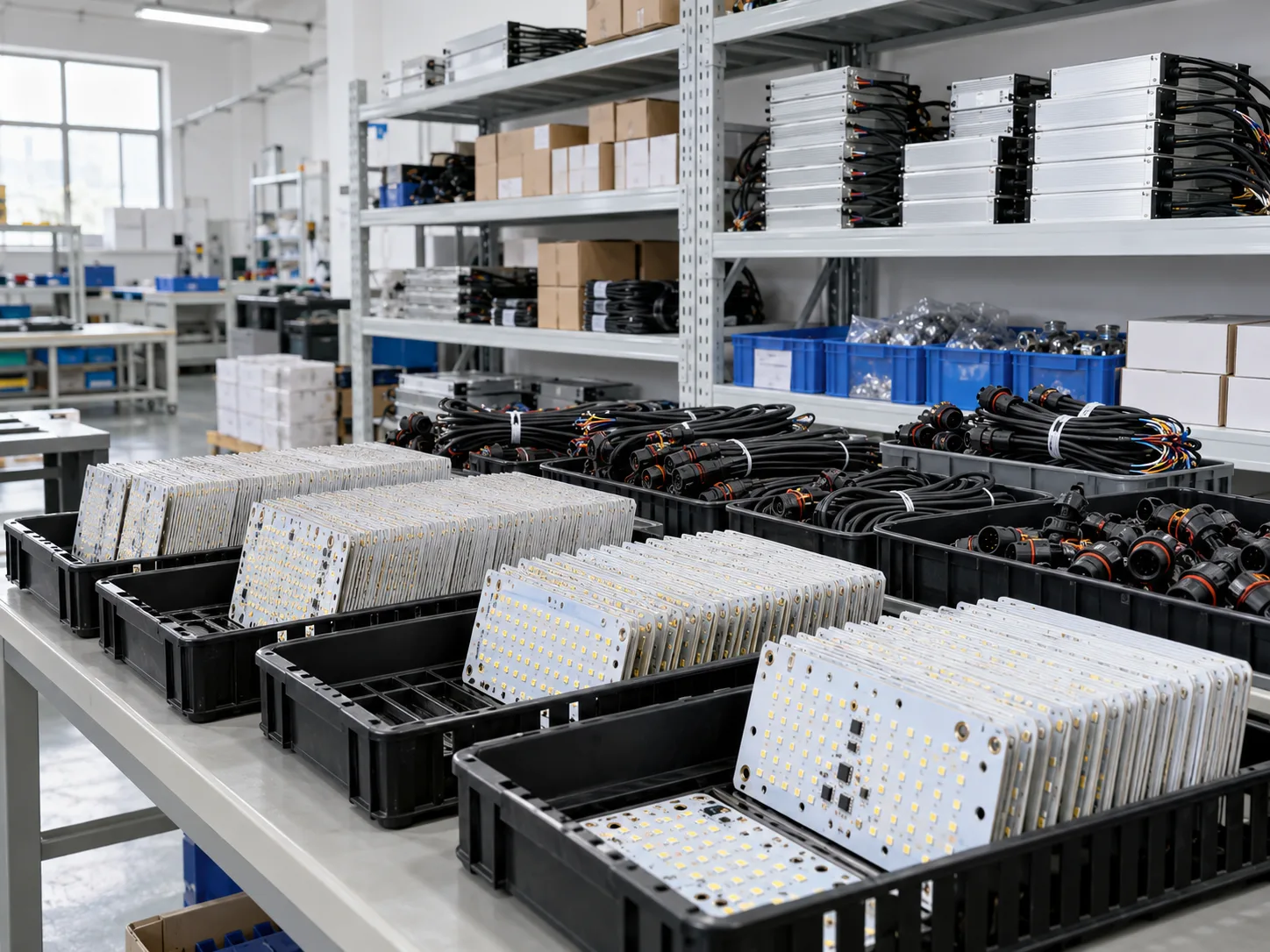 LED components and wire harness stored on shelving in the grow light factory