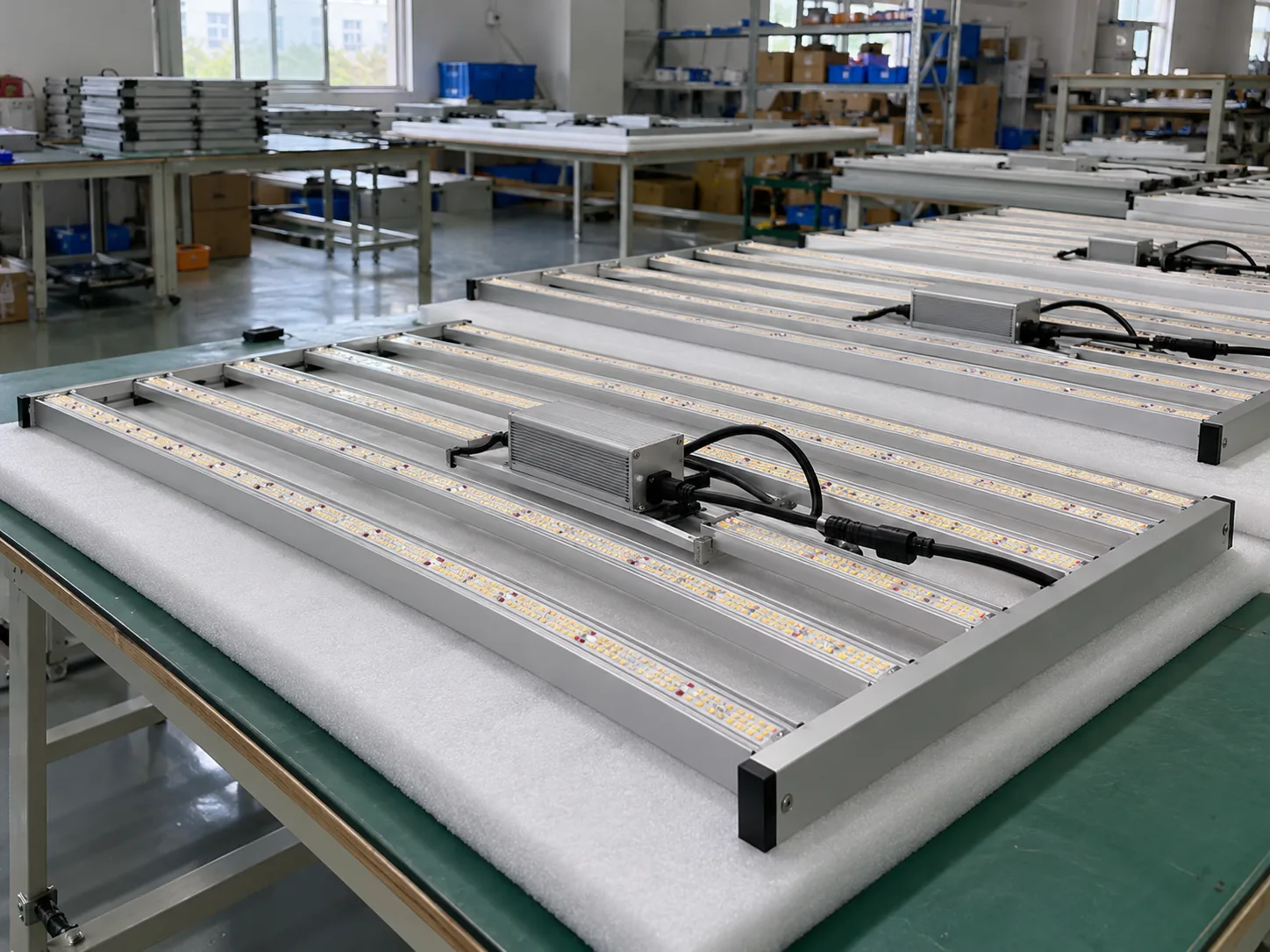 Illustrative LED grow light finished product area with multi-bar light fixtures