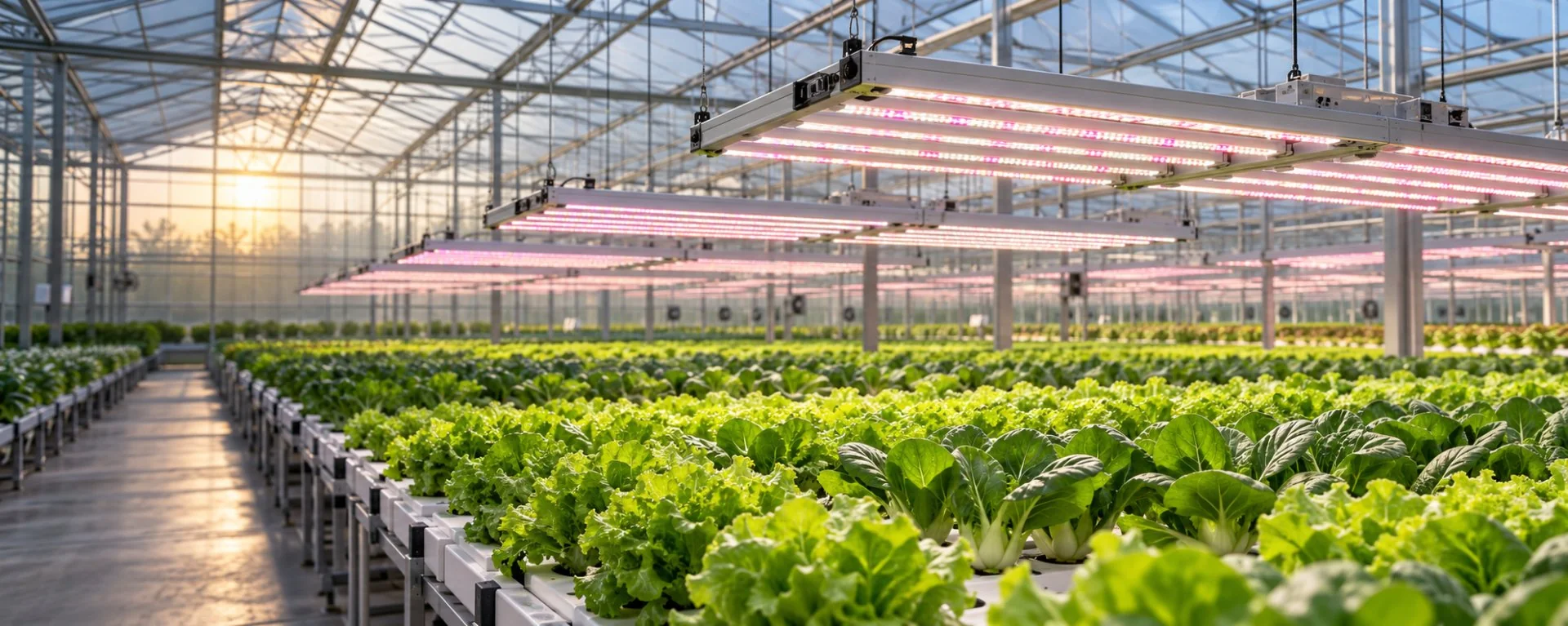 Commercial greenhouse illuminated by LED top grow lights above leafy greens