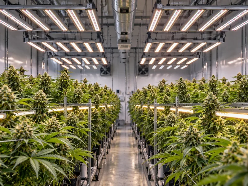 Illustrative view of a commercial cannabis grow room with LED bar lights above the canopy and intercanopy lighting