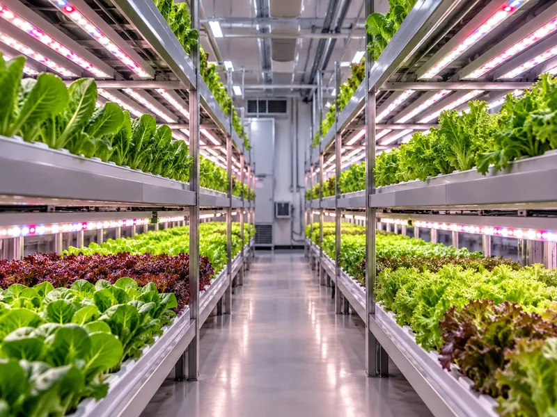 Illustrative view of a commercial indoor growing room with lettuce on racks under LED grow lights