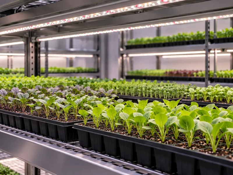 Illustrative view of seedling propagation trays under LED propagation lights