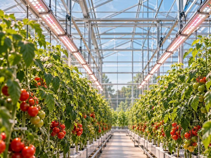 Illustrative view of a glass greenhouse with tomato plants under overhead LED grow lighting