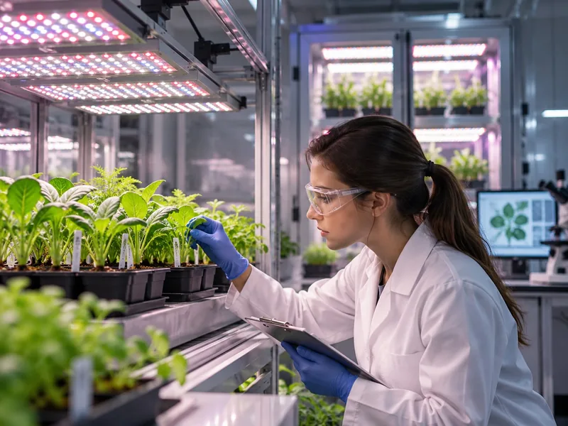 Illustrative view of a horticultural research laboratory with a researcher inspecting plants under LED grow lights