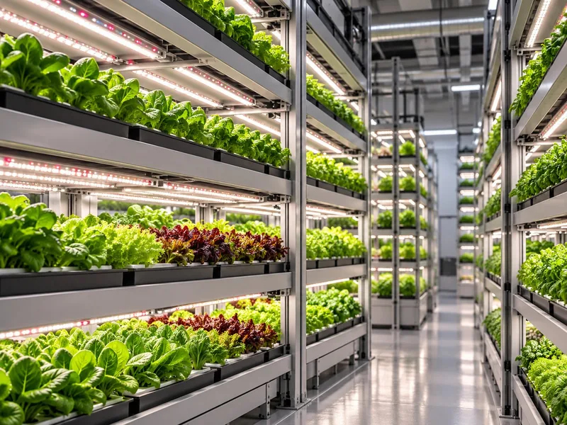 Illustrative view of multi-tier vertical farming racks with leafy greens under LED grow light bars