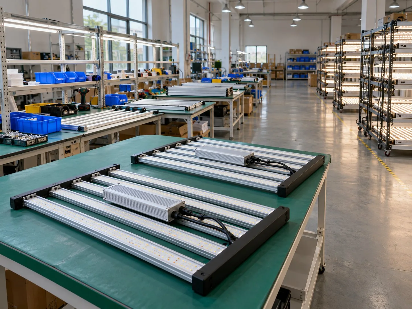 Illustrative LED grow light workshop with assembly benches and testing racks