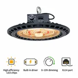 Greenhouse Top Grow Light Series – 100W / 200W / 300W - Ufo light angled view with driver and feature icons