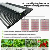 Quantum Board Grow Light Series – 100W / 200W / 300W - Fixture angled view with daisy chain info and growth stage photos
