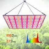 Quantum Board Grow Light Series – 100W / 200W / 300W - Lit board hanging above field with spectrum chart and ppf values